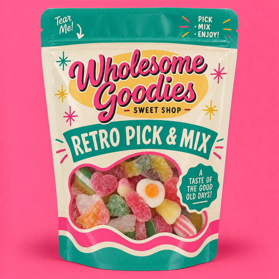 Wholesome Goodies retro pick and mix pouch filled with jelly hearts, fried eggs and fizzy sweets